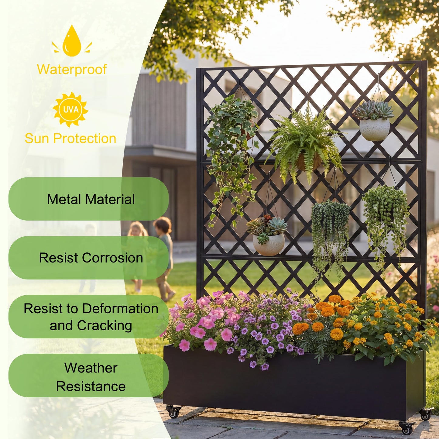 Discover the Joy of Gardening with Our Metal Raised Garden Bed with Wheels and Trellis – 73"x47"x16” for Climbing Plants, Vegetables & Vines, Featuring Privacy Screen and Drainage Holes!
