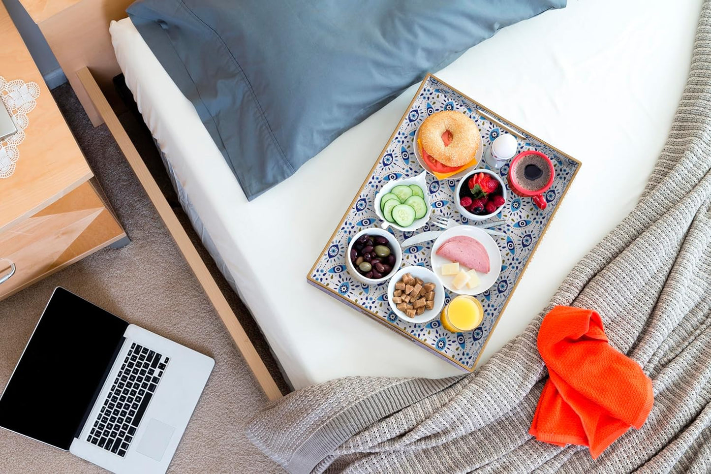 15.7" 11.8" 1.57" Evil Eye Rectangular Serving Tray with Handles Plastic Decorative Trays for Coffee Table for Ottoman