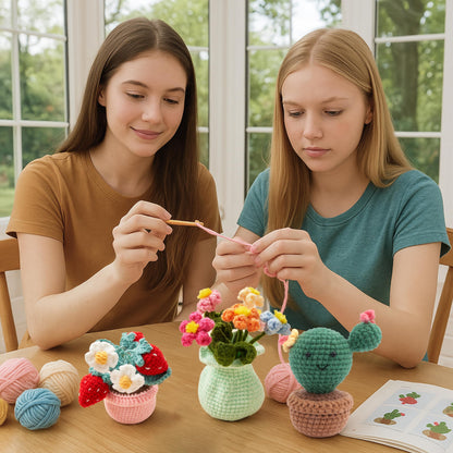 HOUSE CREATIVITY Crochet Kit for Beginners, Make 5 Hanging Potted Crochet Plants, Amigurumi Kit with Video Tutorial, Yarn, Hook & Pots, Cozy Stress Relief Gift for Adults, Cute Desk & Office Decor
