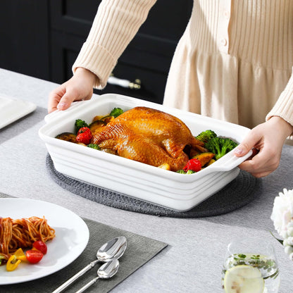 MALACASA Casserole Dish - 4.4 Qt Porcelain Baking Dish with Lid & Handles | Microwave Safe, White