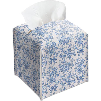Blue Chinoiserie Bow Tissue Box Cover, Tissue Box Cover Square, Gifts for Women Men Friends, Decorative Facial Paper Case for Home Office Bathroom Vanity Countertop-A09
