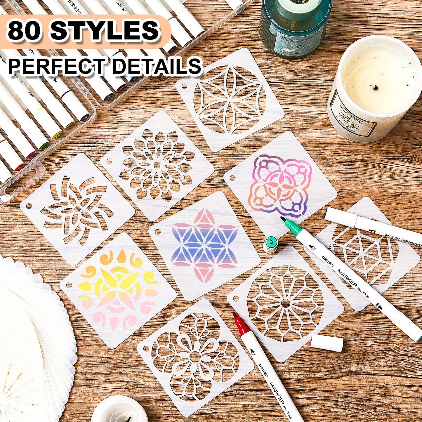 80 Pieces Mandala Stencils for Painting 3 x 3 Inch Mandala Painting Craft Stencils Reusable Templates for Wood Rocks Furniture Wall Floor DIY Art Projects Fabric Tile