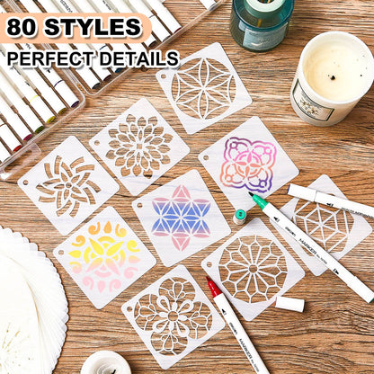 80 Pieces Mandala Stencils for Painting 3 x 3 Inch Mandala Painting Craft Stencils Reusable Templates for Wood Rocks Furniture Wall Floor DIY Art Projects Fabric Tile