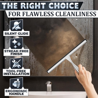 12" Shower Door Squeegee with Adhesive & Hanging Hooks, Silicone Blade - Stainless Steel All-Purpose Squeegee