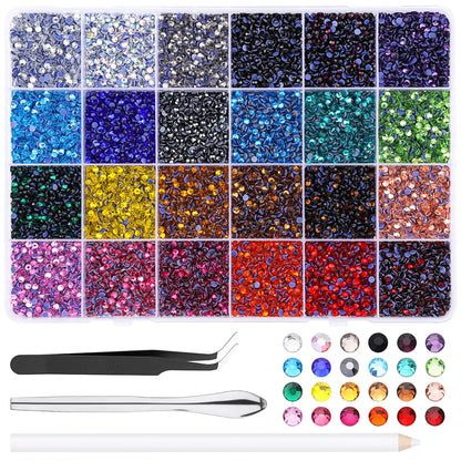 Mnuizu 14400Pcs SS10 Hotfix Rhinestones, 24 Colors Flat Back Round Hot Fix Rhinestones for Hairpin, Crafts Clothes, Bedazzler Kit with Tweezers, Wax Pencil and Spoon
