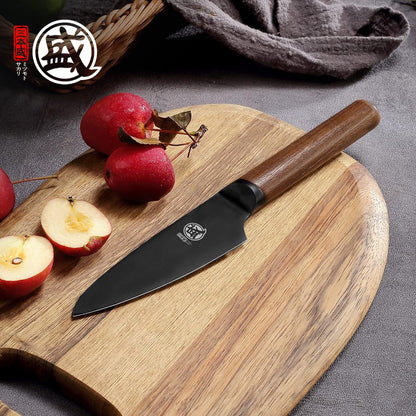 MITSUMOTO SAKARI 4.5 inch Japanese Paring Knife, Professional Black Titanium Coated Small Fruit Knife with Walnut Handle