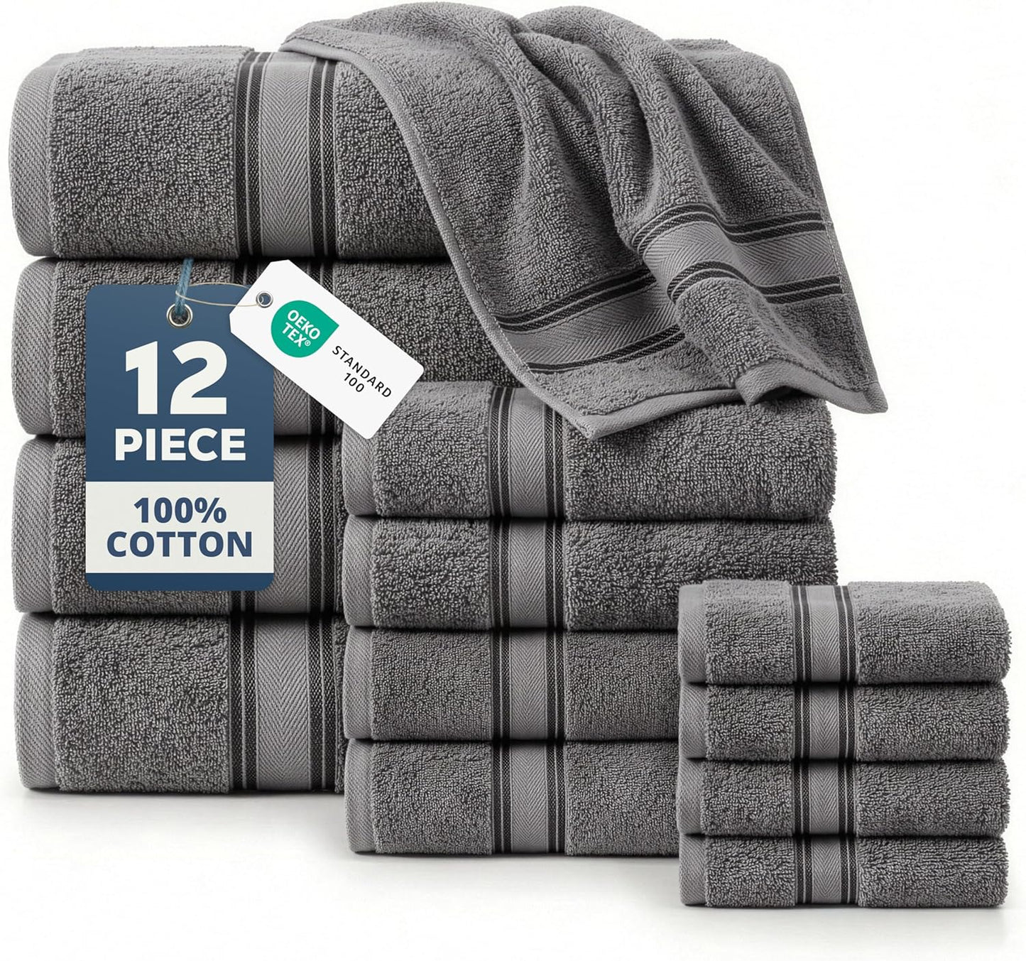 Set 12 100% 4 4 4 LANE LINEN Bath Towel of Premium Cotton Towels for Bathroom, Bath, Hand & Washcloth, Zero Twist