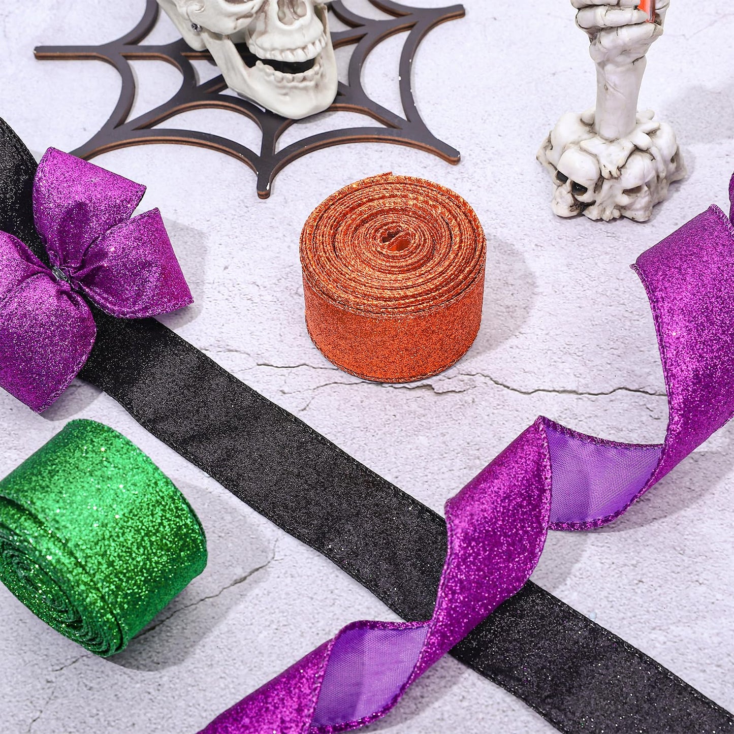 Whaline 40 Yards Halloween Glitter Wired Ribbon Green Orange Purple Black Gift Wrapping Ribbon Halloween Decorative Ribbons for Crafts Bow Wreath DIY Gift Wrapping Supplies, 4 Rolls