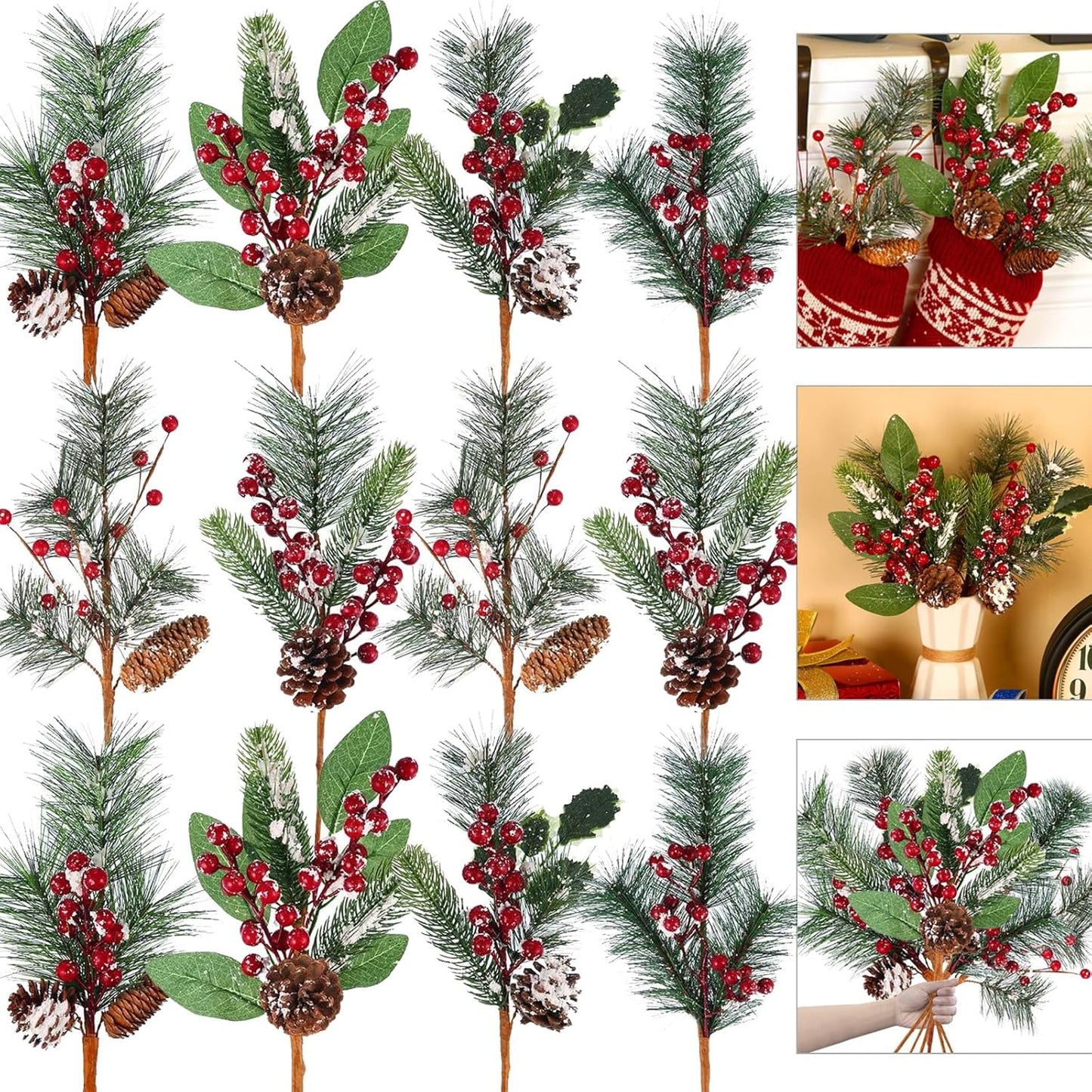 12 14 Inch Tatuo Pieces Christmas Pine Picks and Sprays Artificial Assorted Berry Stem Large Faux Pine Cone Branches