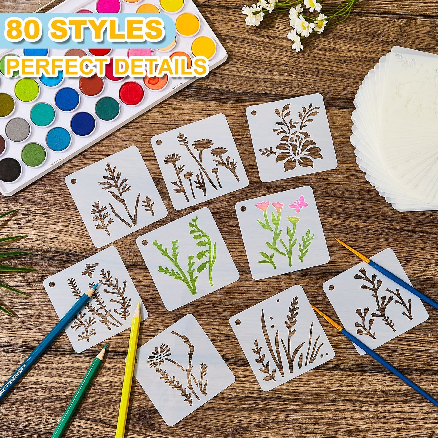 Teling 80 Pcs Flower Stencils Spring Bouquet Painting Stencils Reusable Wildflower Small Botanical Floral for Painting on Wood Wall Canvas Crafts Home Furniture Sign, 3 x 3 Inch