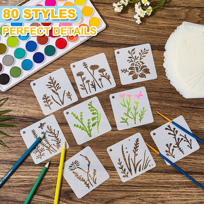 Teling 80 Pcs Flower Stencils Spring Bouquet Painting Stencils Reusable Wildflower Small Botanical Floral for Painting on Wood Wall Canvas Crafts Home Furniture Sign, 3 x 3 Inch