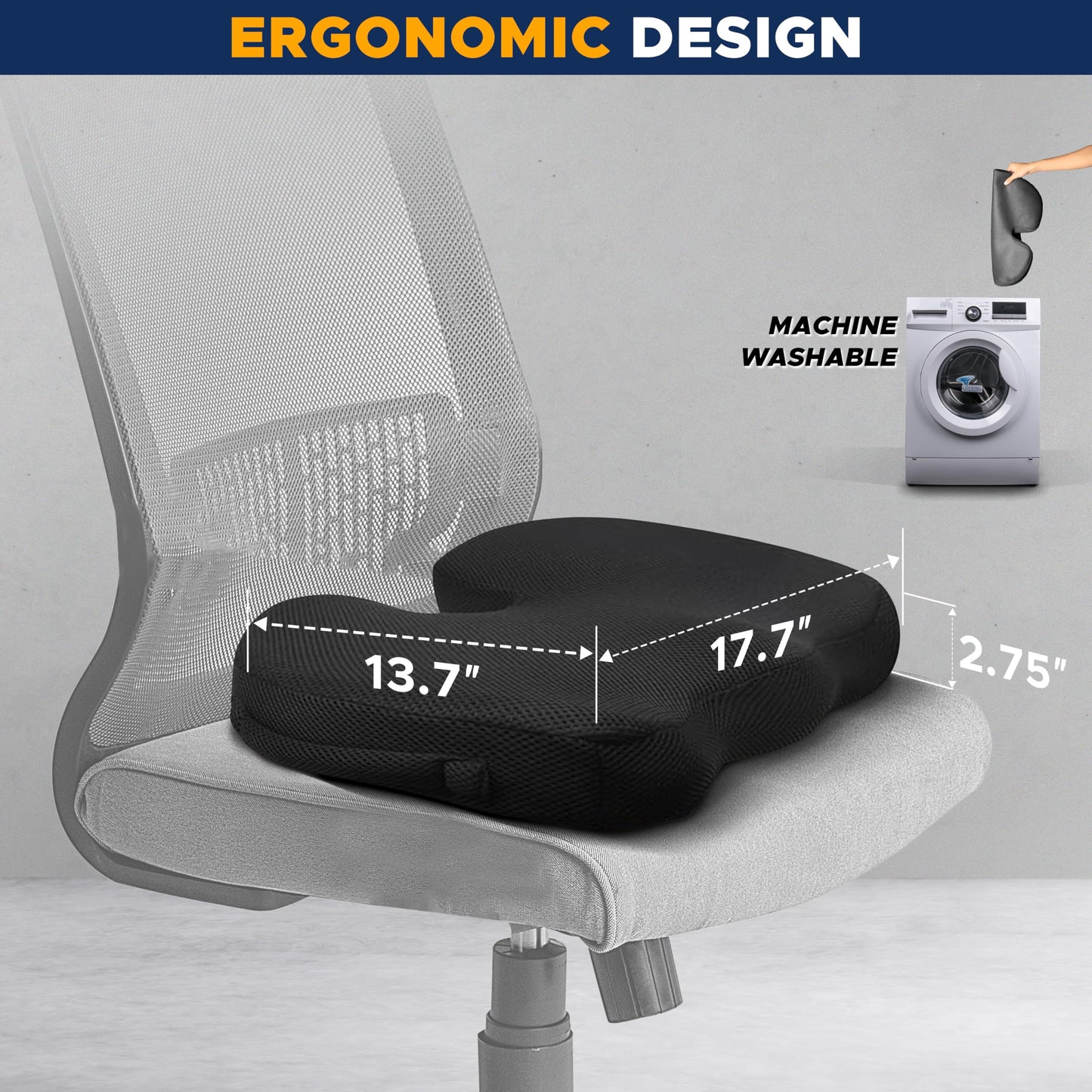 EcoNour Gel Seat Cushion – Office Chair Cushions for Sciatica & Tailbone Pain Relief – Coccyx Memory Foam Desk Chair Support & Car Seat Cushion – Back Pain Relief Pillow for Long Sitting