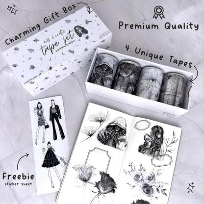 Fayware 4 PET Tapes for Journaling and Scrapbooking - Black & White Junk Journal Supplies for DIY Arts & Crafts Projects