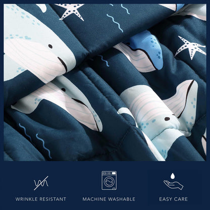 Nautica Kids - Finnian Whales Navy Kids Comforter Set, Soft Bedding with Matching Shams & Throw Pillow, 4-Piece, Navy, Full/Queen