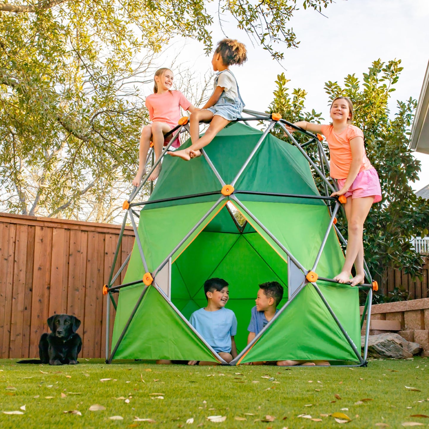 gobaplay Summit Pro Climbing Dome with Tent, 600 lb Capacity, Green - Outdoor 7.5' Non-Slip Rock Climber, Backyard Playset for Kids 6+