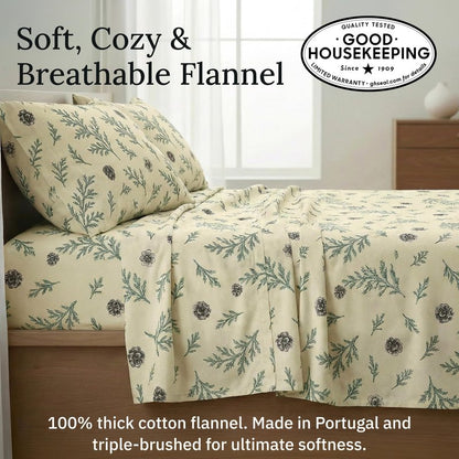 California Design Den Flannel Sheets Queen Size Bed Set - Made in Portugal 100% Cotton, Thick, Velvet Soft 4-Piece Queen Size Sheet Set, Triple-Brushed with Extra Deep Pockets - Woodland Motif