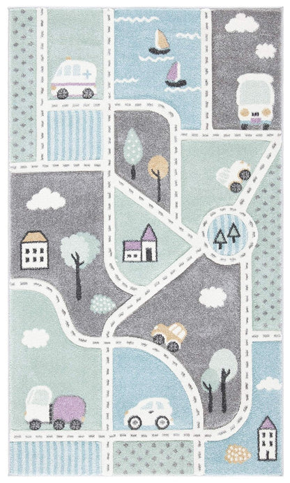 SAFAVIEH Carousel Kids Collection Accent Rug - 2' x 3', Grey & Light Blue, Non-Shedding & Easy Care, Ideal for High Traffic Areas for Boys & Girls in Playroom, Nursery, Bedroom (CRK193F)