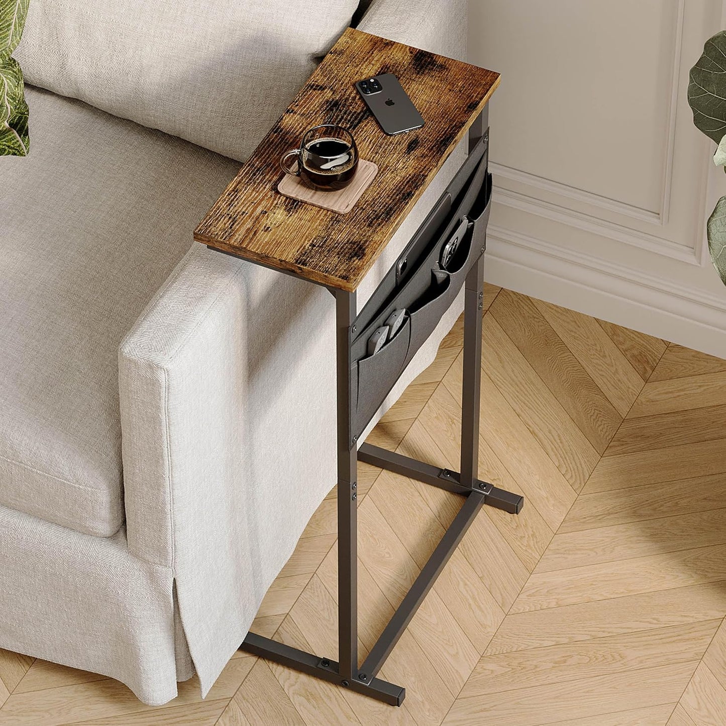 LET501R C Shaped End Table, Side Table for Sofa, Small TV Tray, Couch Table with Storage Bag for Small Space, Living