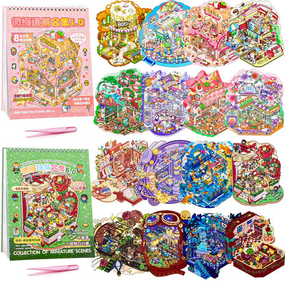 UTOUMON 2 Books Big Size 3D Sticker Scenes Book 16Pcs DIY Make Your Own Scene House Stickers Therapy for Adults Relief Stress Pass The Time (Style 4)