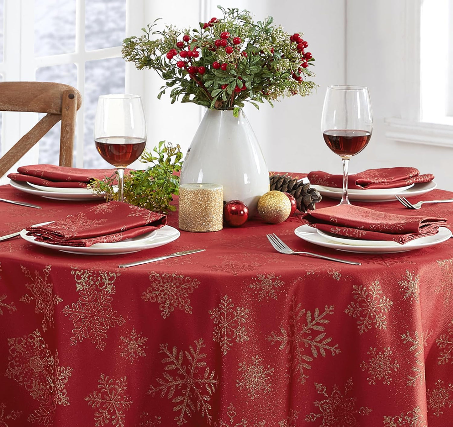 Newbridge Fancy Metallic Snowflake Christmas Tablecloth - 70 Inch Round, Red Gold, No-Iron Soil Resistant Holiday Cover