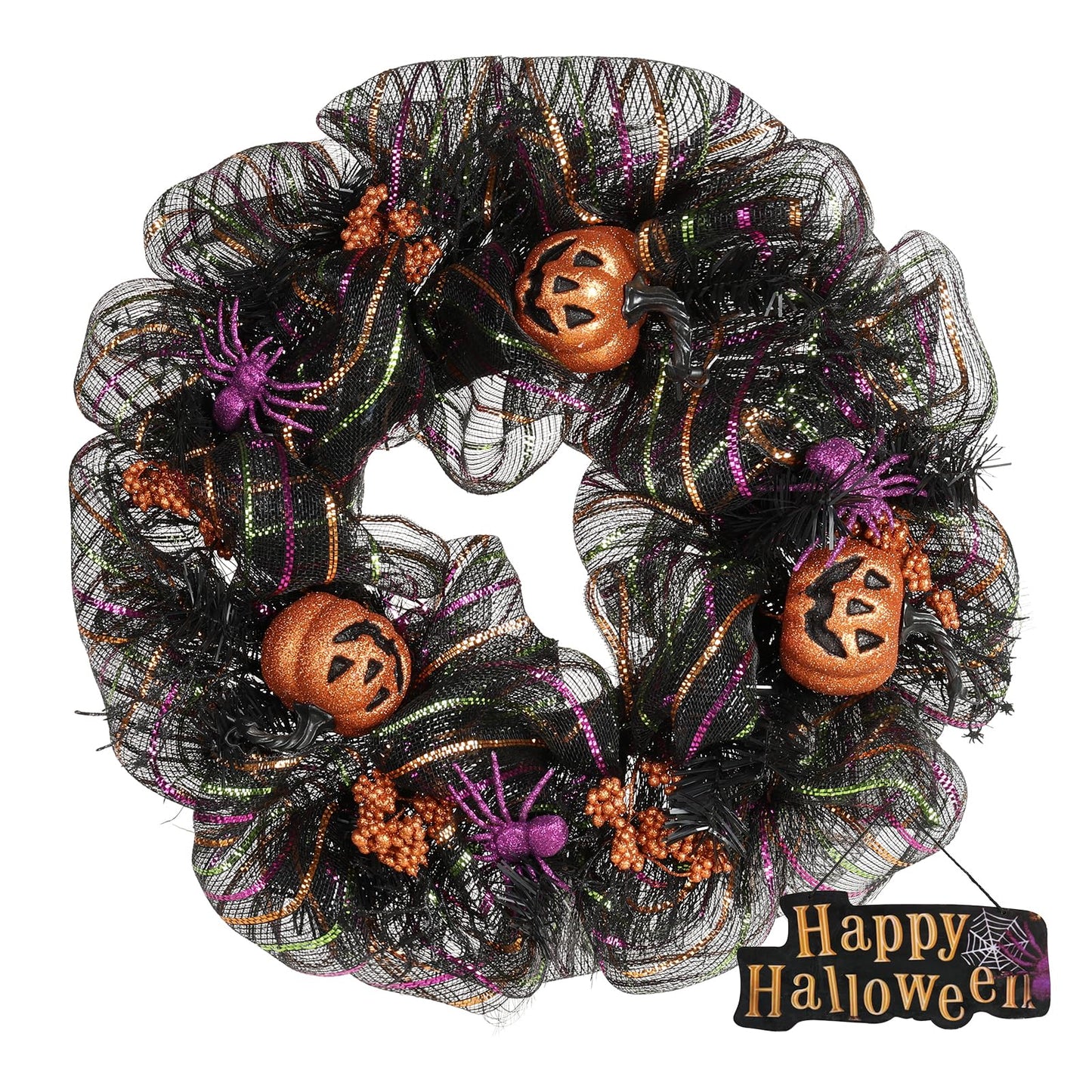 Huadanbor 24 inch Wreath, Halloween Wreath for Front Door, Halloween Spider Decor Pumpkin Skull Wreaths, Wall, Window, Garden and Offices Decor. (Black)