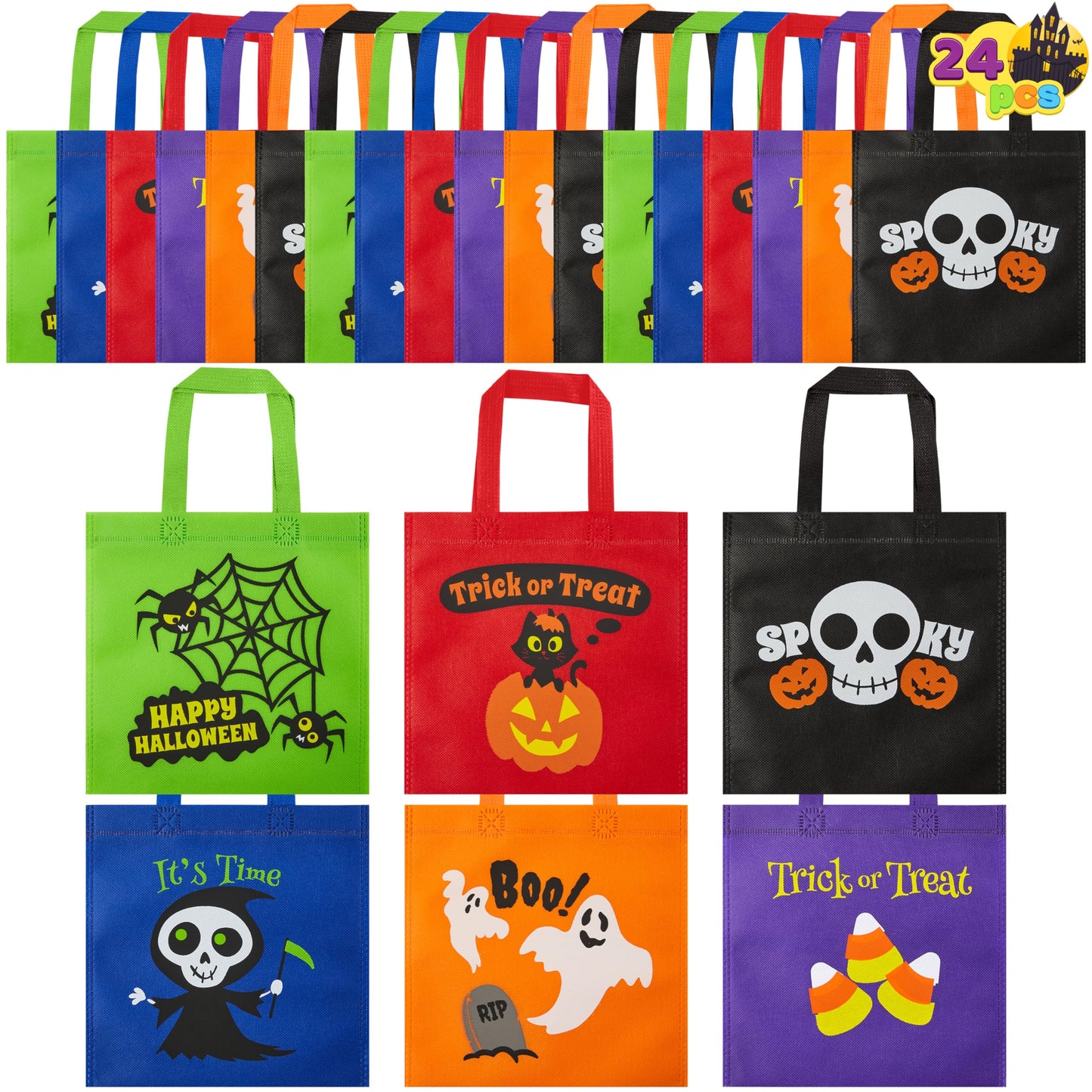 JOYIN 24PCS Halloween Non-Woven Treat Bags, 8.6" Goodie Totes Bags with Handles, Halloween Candy Bag for Kids Trick or Treating, 6 Cute Designs Gifts Goody Bag Bulk for Classroom Party Favor Supplies