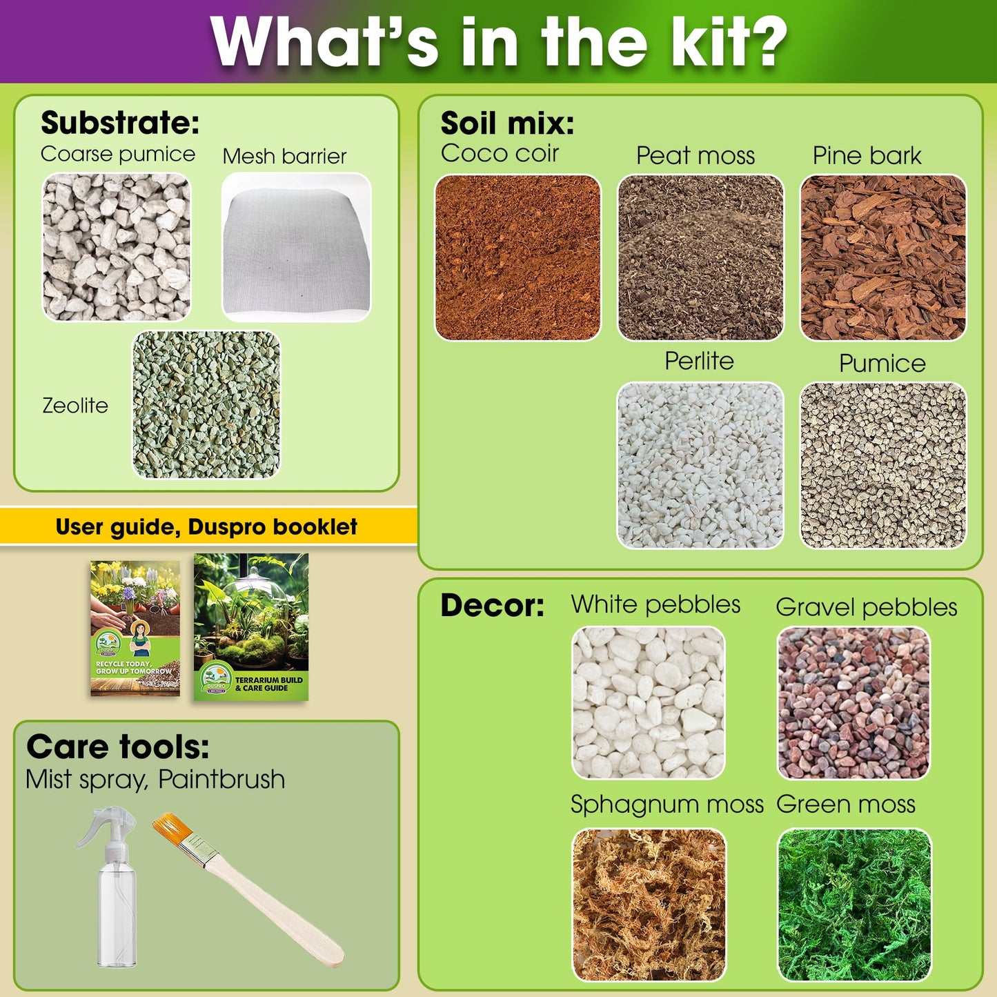 DUSPRO Recycle Terrarium Kit, Include Potting Soil, Pumice, Zeolite, Green Moss, Sphagnum Moss, Decorative Stone, Mesh, Tools, DIY Terrarium Kit for Kids, Air Plant, Succulent