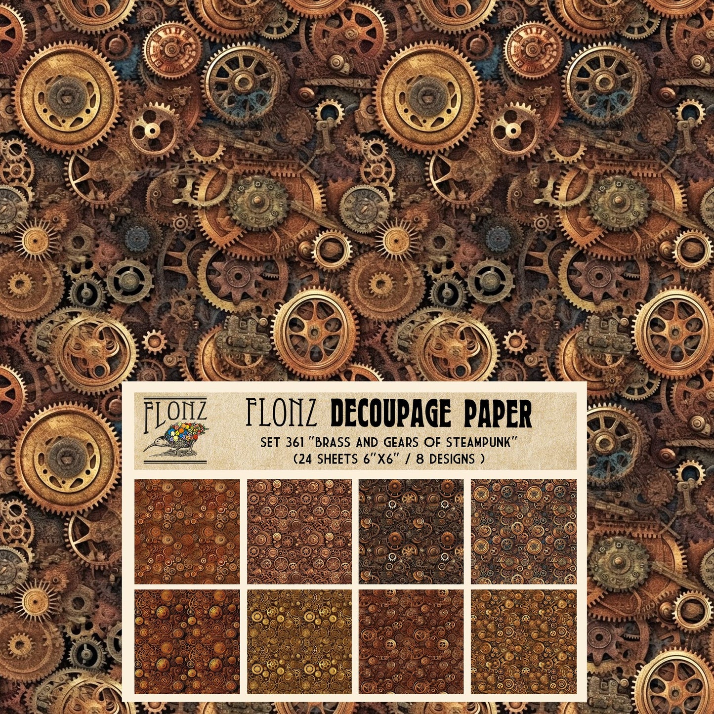 Decoupage Paper Pack (24 Sheets 6"x6") of Steampunk Brass Gears # Vintage Styled Pattern Paper for Decoupage, Craft and Scrapbooking