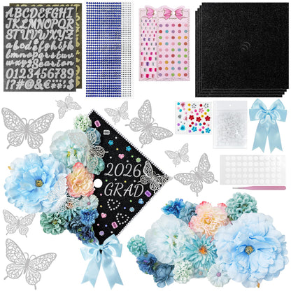 2026 Graduation Cap Decorations Kit,56 Pcs DIY Grad Cap Topper Decor Set with Artificial Flowers Bow 3D Butterflies Adhesive Glitter Letter Number Stickers Rhinestones for Graduation Decor