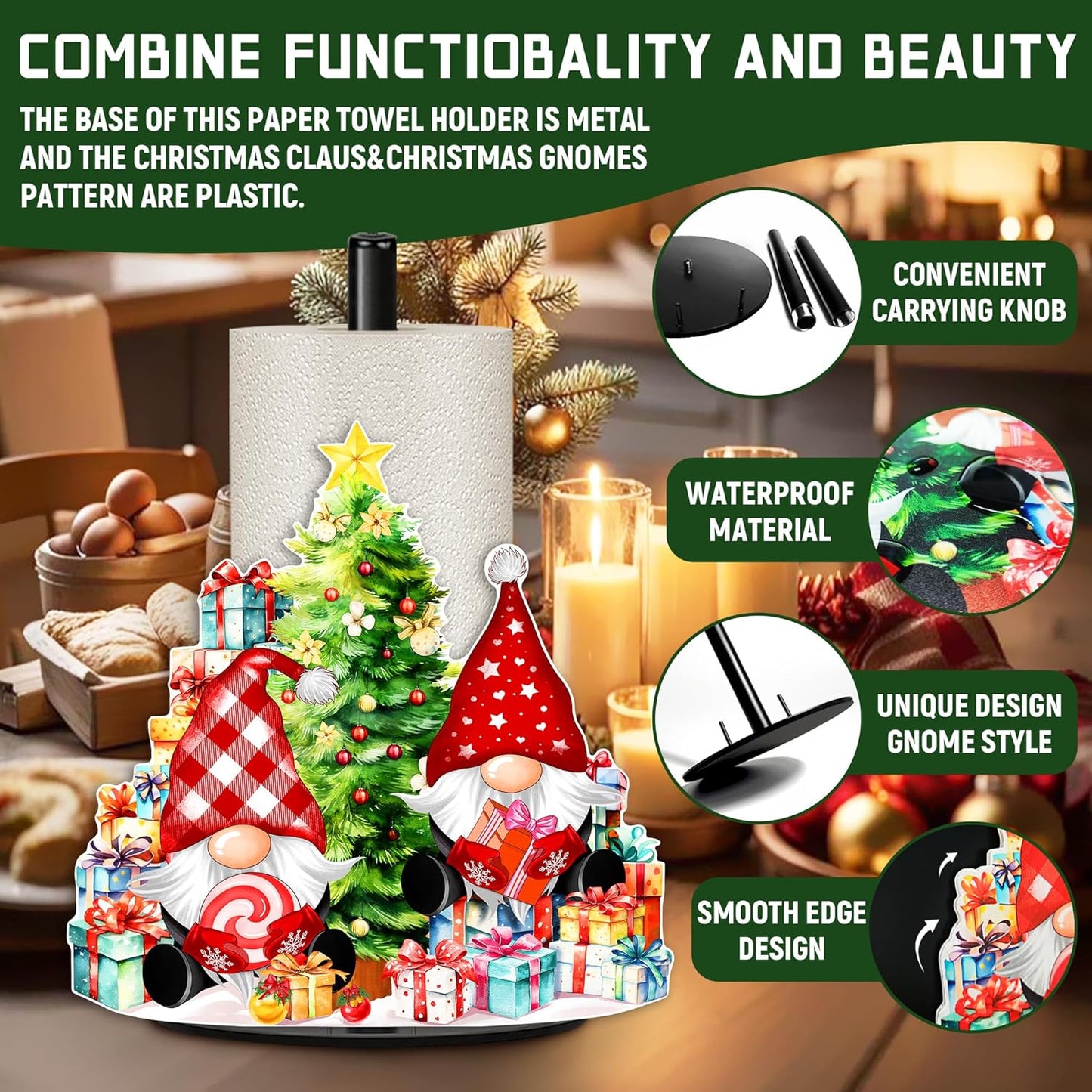 HNBYTJ Countertops 2 Christmas Paper Towel Holder, Christmas Gnomes Santa Claus Decor, Metal Stand Towels Paper Holder