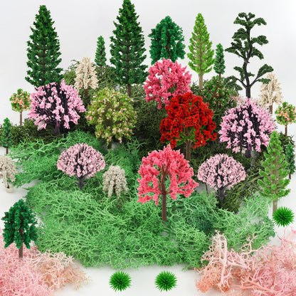 QUOZUO 36 Pcs Mixed Model Trees with 40g Moss Pink and Green, Diorama Trees Grass Mini Fake Miniature Trees Moss for Building Model, Model Train Scenery, Natural Green Landscape, Railroad Scenery