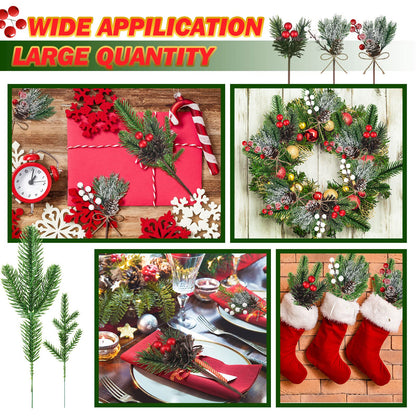 60 Pcs Christmas Artificial Green Pine Needles, Christmas Floral Picks Artificial Holly Red Berry Twig Stem Pine Snowy Cone Branches Garland Bulk for Xmas Tree Craft Holiday Winter (Elegant Style)