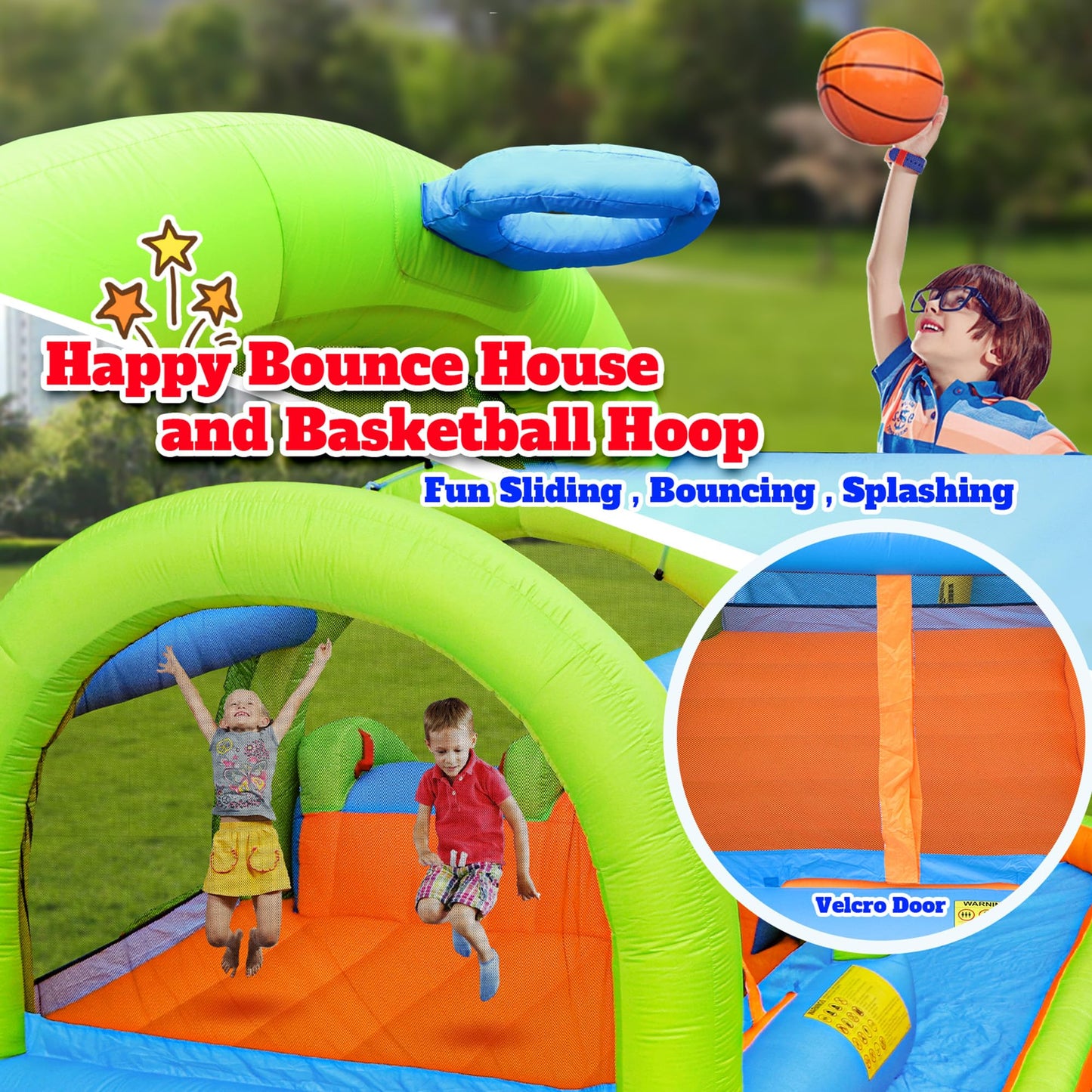WELLFUNTIME Inflatable 2-in-1 Water Slide Bouncy Castle with Blower, Jumping House with Double Slide & Basketball Ring for Kids, Jumping Area for 3 Kids