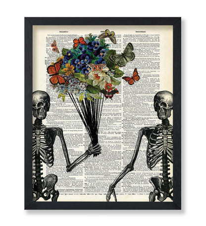 Poster Master Skeleton Couple Print - Flower & Butterfly Poster - Dictionary Art - Romantic Valentine's Day Gift for Him, Her, Lovers - Decor for Living Room, Bedroom - 8x10 UNFRAMED Wall Art