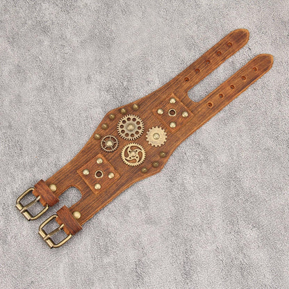GelConnie Brown Leather Cuff Bracelet for Men Steampunk Gear Studded Wristband Punk Vintage Bracelet Adjustable Jewelry Gift