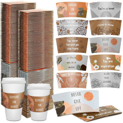 Dingion 200 Pack Coffee Cup Sleeves Corrugated Cardboard Motivational Disposable Sleeve for Inspiring Cold or Hot Beverage Chocolate Coffee Tea, Fits 12oz 16oz Paper Cups