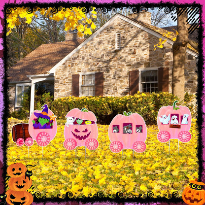Shellwei 4 Pcs Thanksgiving Pumpkin Yard Outdoor Decor Skeleton Train Yard Signs Autumn Harvest Decorations for Lawn Outdoor Garden Farmhouse Home Thanksgiving Party Decor(Pumpkin,Pink)