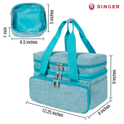 SINGER Sewing Accessories Organizer (Bag Only) – Double Layer Portable Sewing Storage Bag | 2 Detachable Pouches and 18 Compartments, Large Sewing Supplies & Crafting Carry-all (Teal)