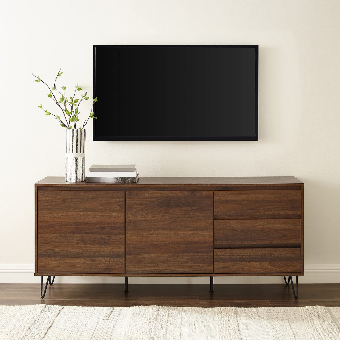 Crosley Furniture Teagan Mid Century Record Storage Sideboard Buffet Cabinet, Brown Oak