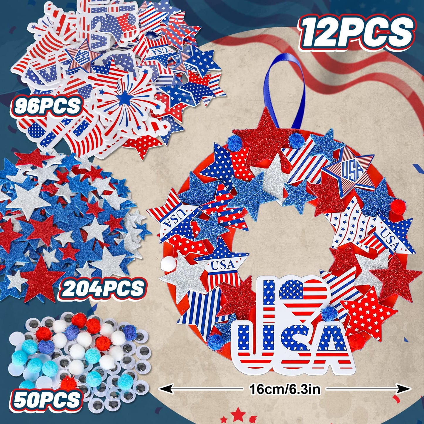 Whaline Patriotic Foam Wreath Crafts Kit American Flag Star Stickers, Glitter Star Stickers, Pompom Ball Eyes, Blue Ribbon 4th of July DIY Foam Wreath Signs for Independence Day Art Projects, 12Pcs