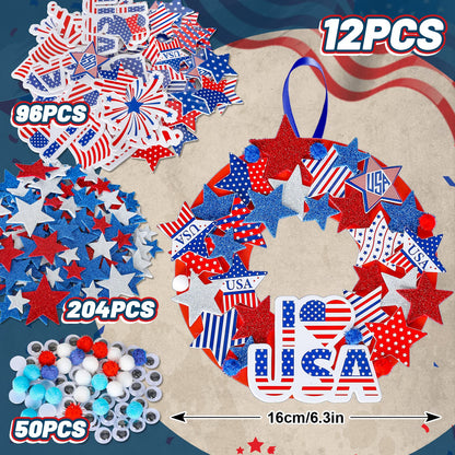 Whaline Patriotic Foam Wreath Crafts Kit American Flag Star Stickers, Glitter Star Stickers, Pompom Ball Eyes, Blue Ribbon 4th of July DIY Foam Wreath Signs for Independence Day Art Projects, 12Pcs