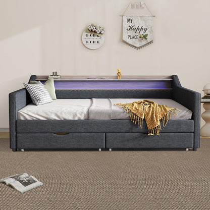 Ball & Cast Twin Size Daybed Frame with Storage Drawers and 2-Tier Shelf,Modern Linen Upholstered Sofa Bed w/Charging Station,Smart LED Light,Wood Slats Support,for Livingroom,Apartment,Dark Grey