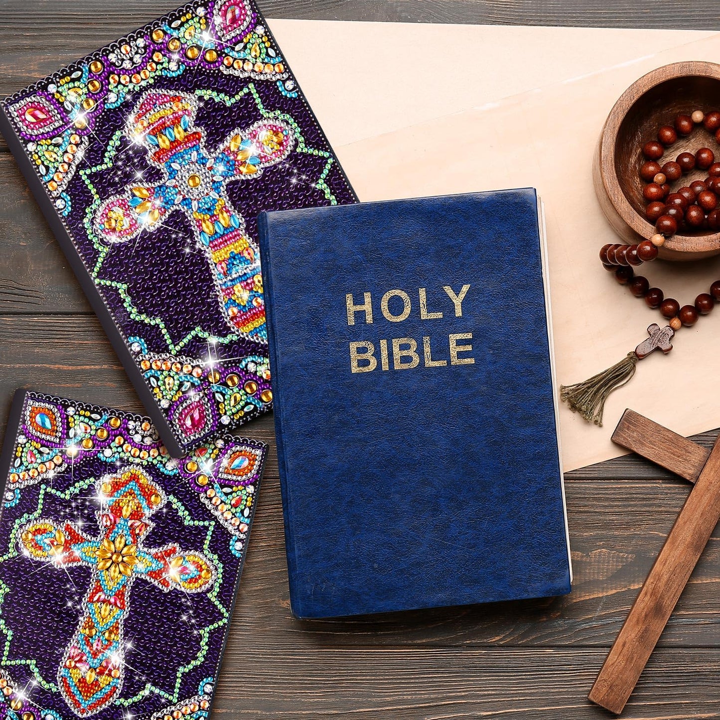 Qilery 2 Pcs 5d Diamond Art Kits for Adults, DIY Leather Diamond Painting Journals Notebooks Bible Cross Gem Dots Art Crafts for Adults, Beginners, Birthdays, Graduation Gifts with Tools