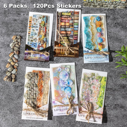 AuriicLeaf PET Scrapbook Stickers Set, 120PCS Journaling Supplies with 6 Themes Book Wall Ocean City Tree Bubble Decorative Stickers for DIY Crafts and Planners