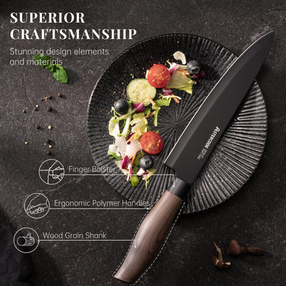 Astercook Knife Set, 6-Piece Kitchen Knife Set with Block, High Carbon Stainless Steel Ultra Sharp Kitchen Knives, Wood Grain Handle, Dishwasher Safe Knife Block Set, Black, Mothers Day Gifts