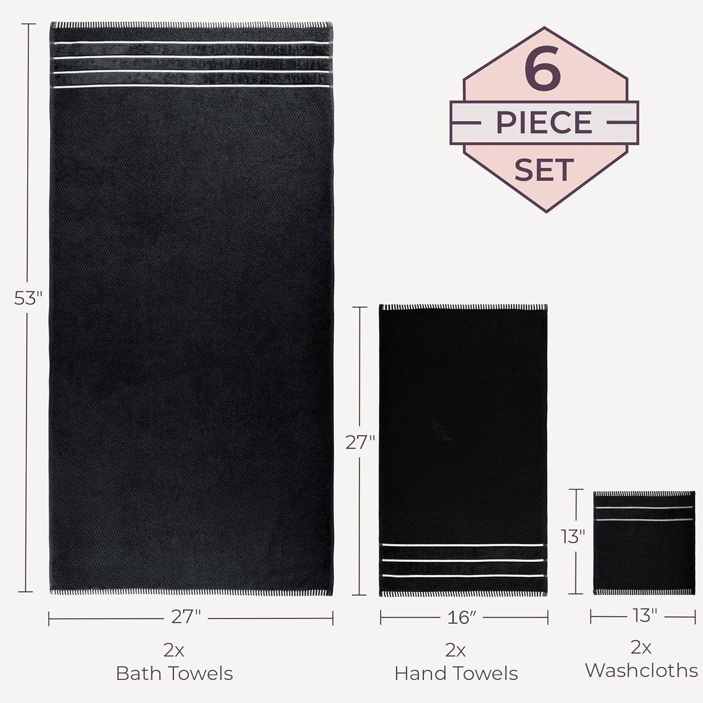 Bedford Home 6-Piece Set 2 2 2 Towel - Combed Cotton Rice Weave Bathroom Accessories with Bath Towels, Hand Towels