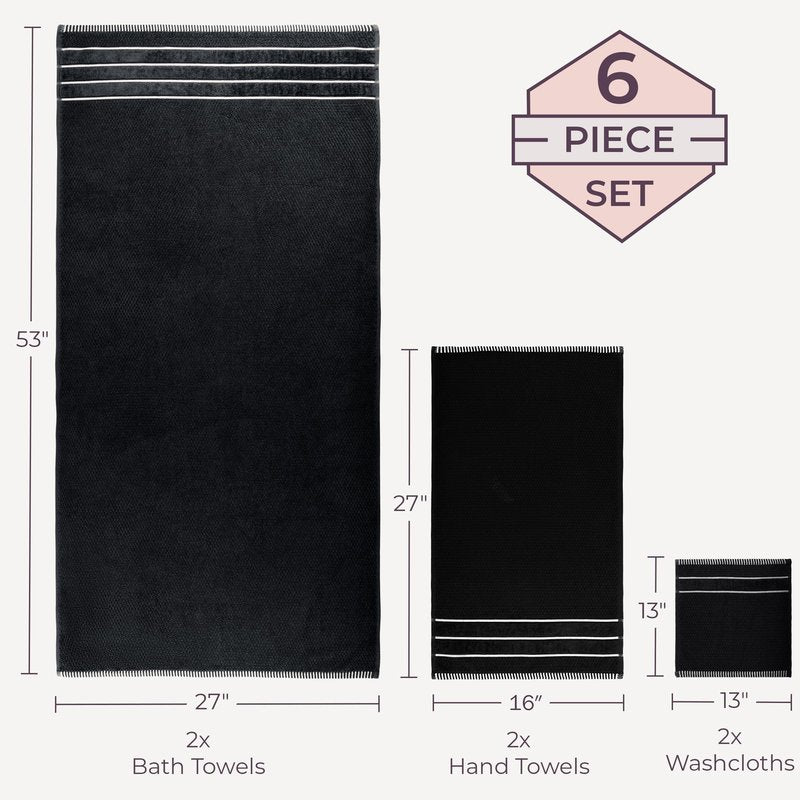 Luxury Cotton Towel Set - Rice Weave 100% Egyptian Cotton 6 Piece Set with 2 Bath Towels, 2 Hand Towels and 2 Washcloths - Black