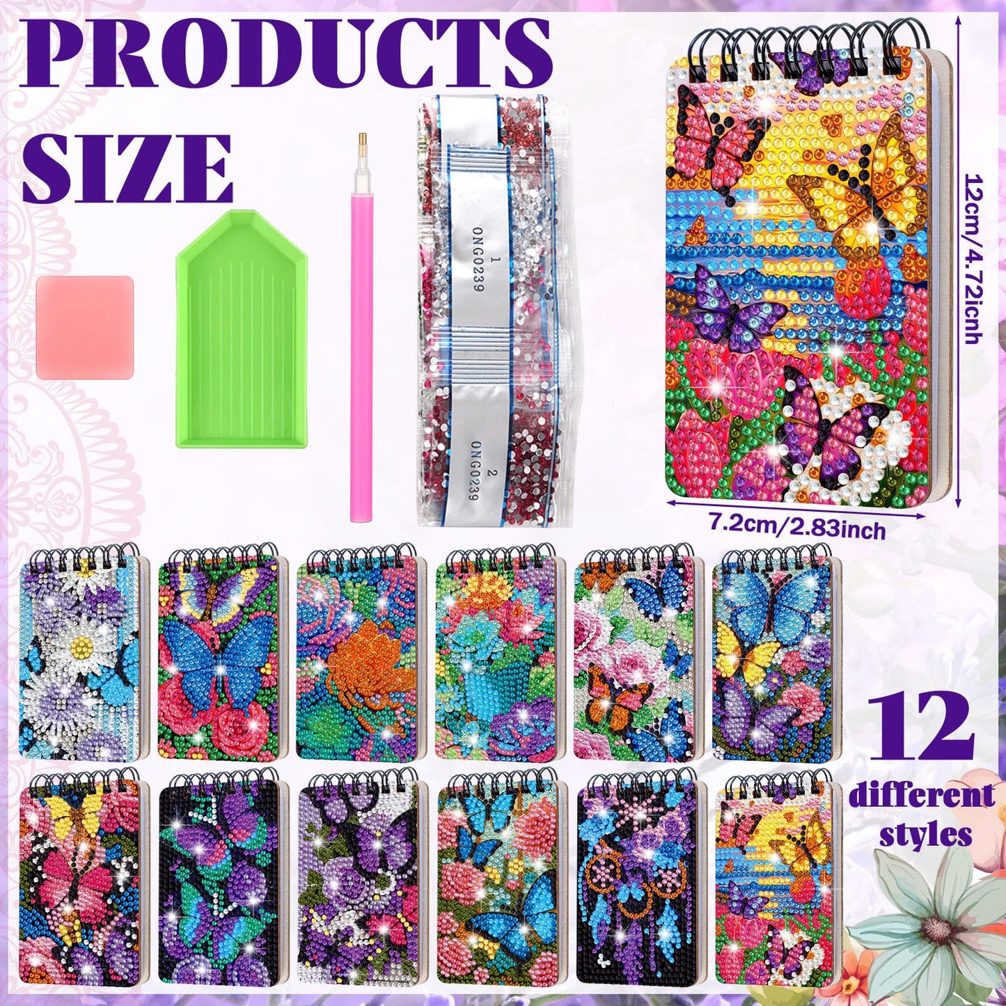 Fuyoooo 12 Pcs Diamond Painting Notebook DIY Cover Notebook Diamond Art Kits Notepad 5D Journal Art Accessories for Adults Crafts Sketchbook with Tools Gift(12 Pcs,Flower Butterfly)