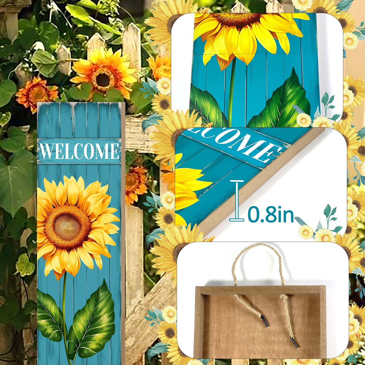 PEROUU Sunflower Welcome Wooden Sign,Spring Rustic Porch Sign for Front Door Decorations, Front Porch Decor Home Hanging Signs Wall Sign 31.5" H