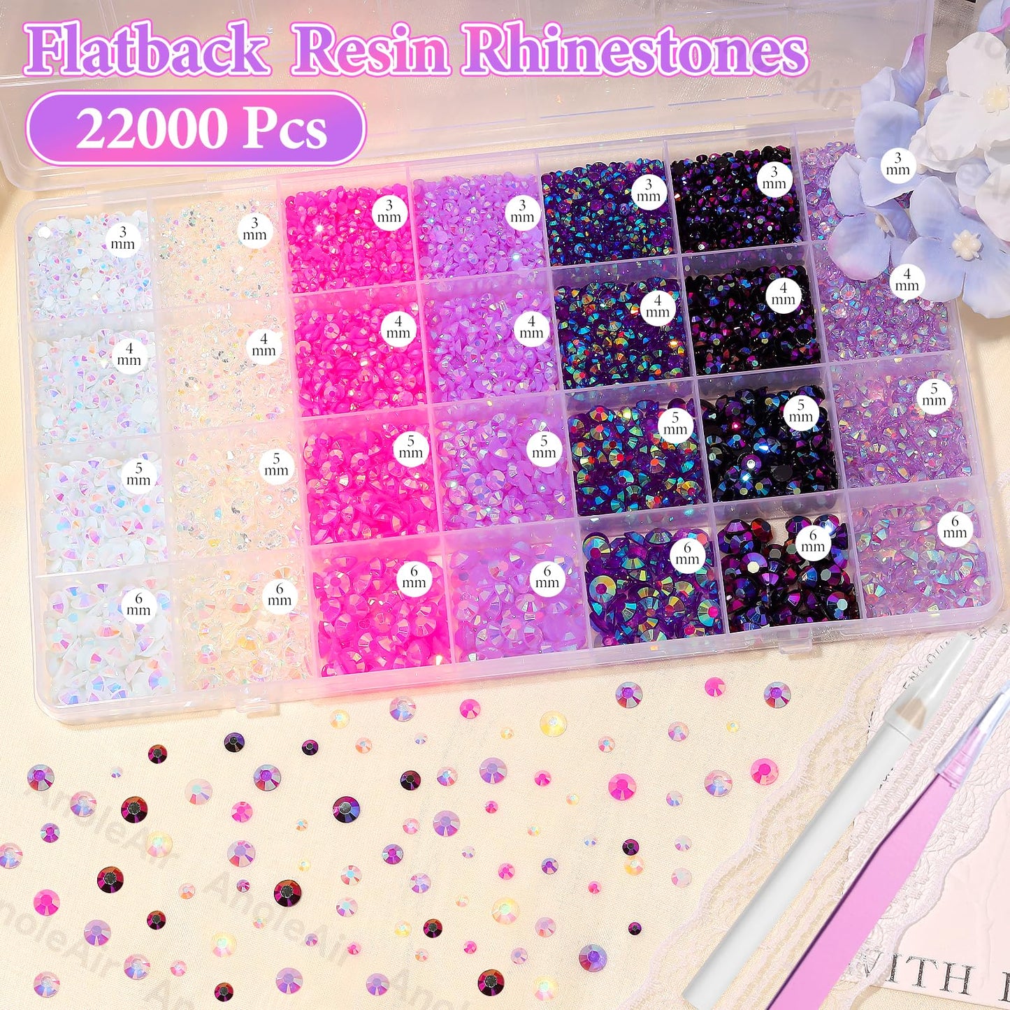22000Pcs Pink Purple Rhinestones for Bedazzling, Jelly Resin Gem Rhinestones3-5mm, Purple Gems Bedazzling Kit for Crafting, Flatback Color Gems for Nails Face Makeup Tumblers